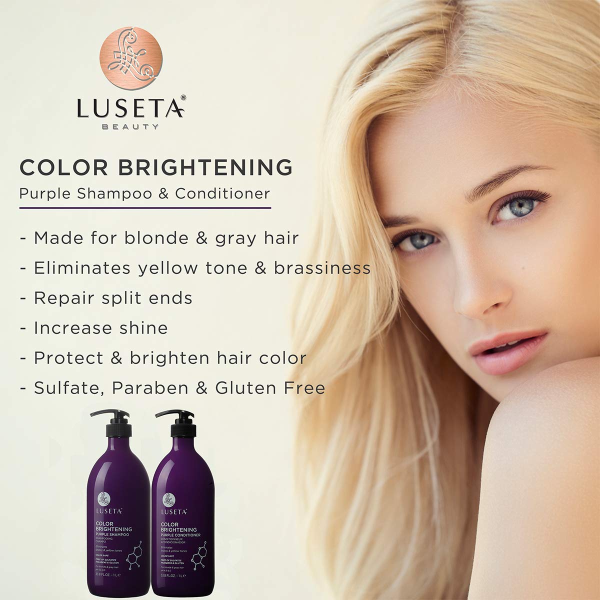 L LUSETA purple conditioner bottle adds moisture and shine for gray hair.