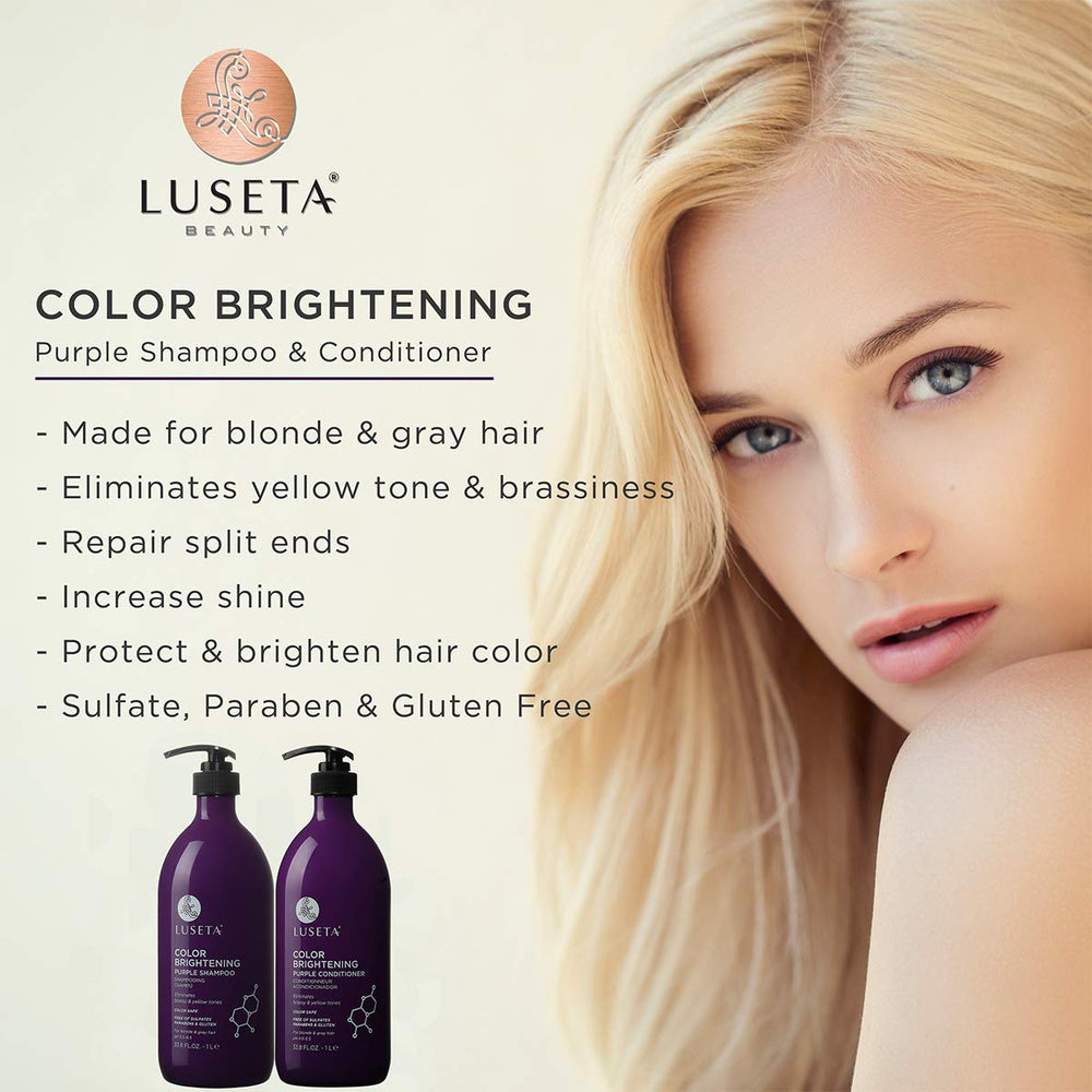 L LUSETA purple conditioner bottle adds moisture and shine for gray hair.