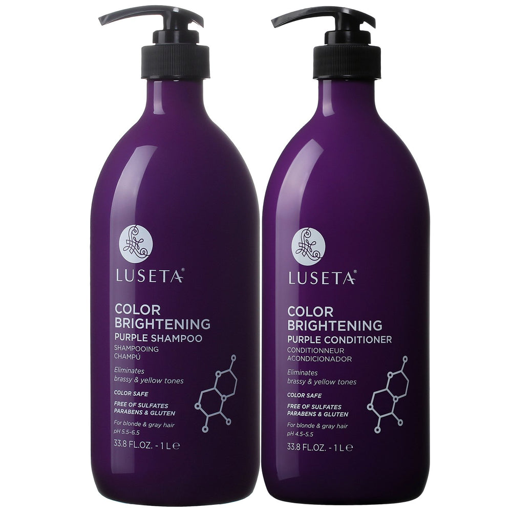 L LUSETA purple shampoo bottle neutralizes brass for cooler blonde tones.