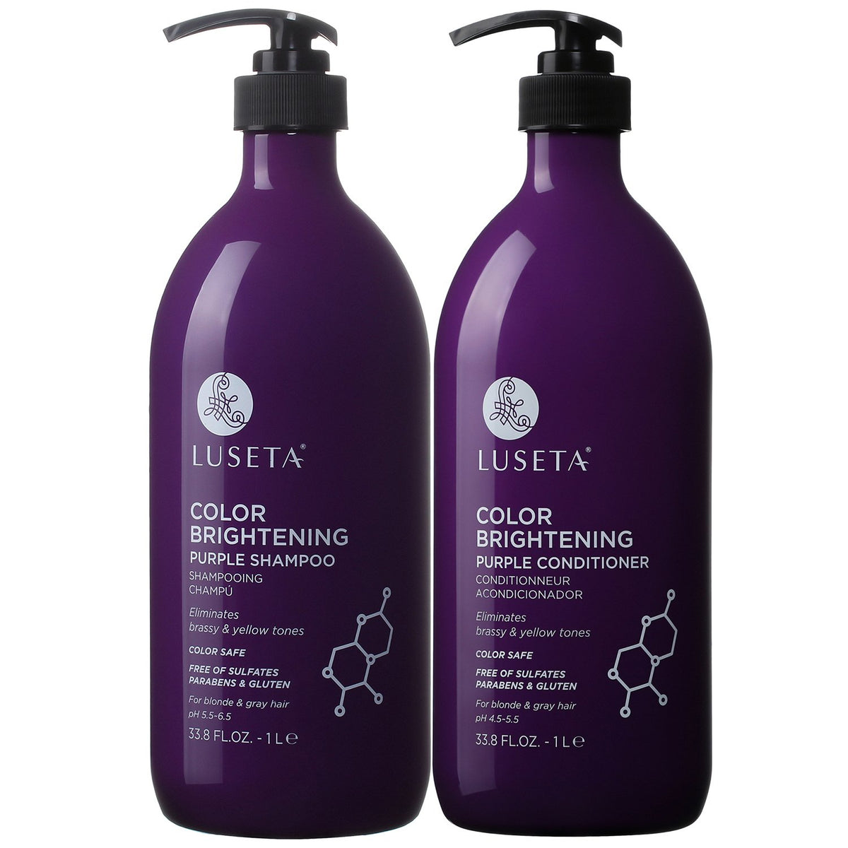 L LUSETA purple shampoo bottle neutralizes brass for cooler blonde tones.