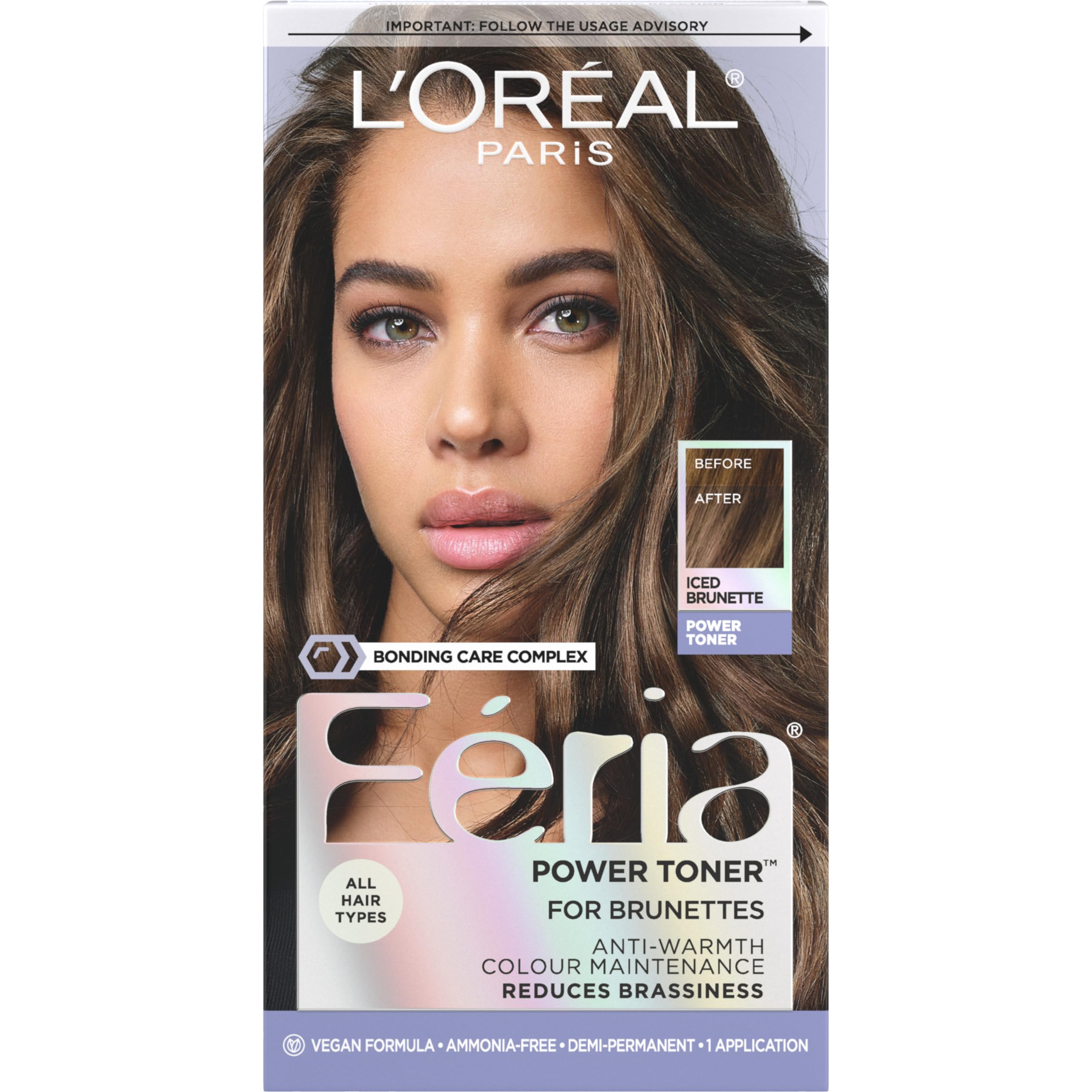 L'Oreal Paris Feria Iced Brunette toner bottle demonstrates ammonia-free conditioning for cooler brunette tones.