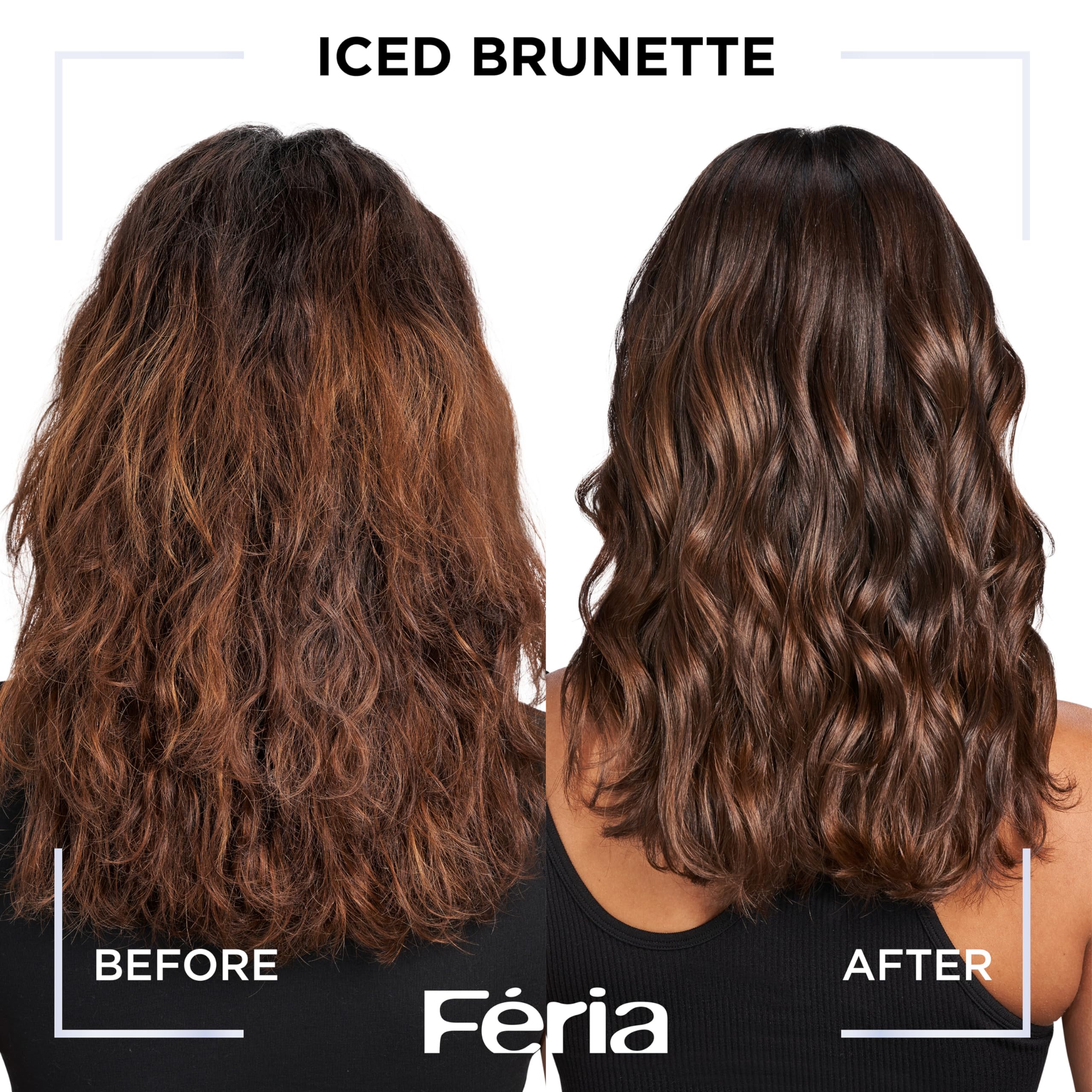 Swatches show cool brown tones after use, with brass-free results and a soft shine.