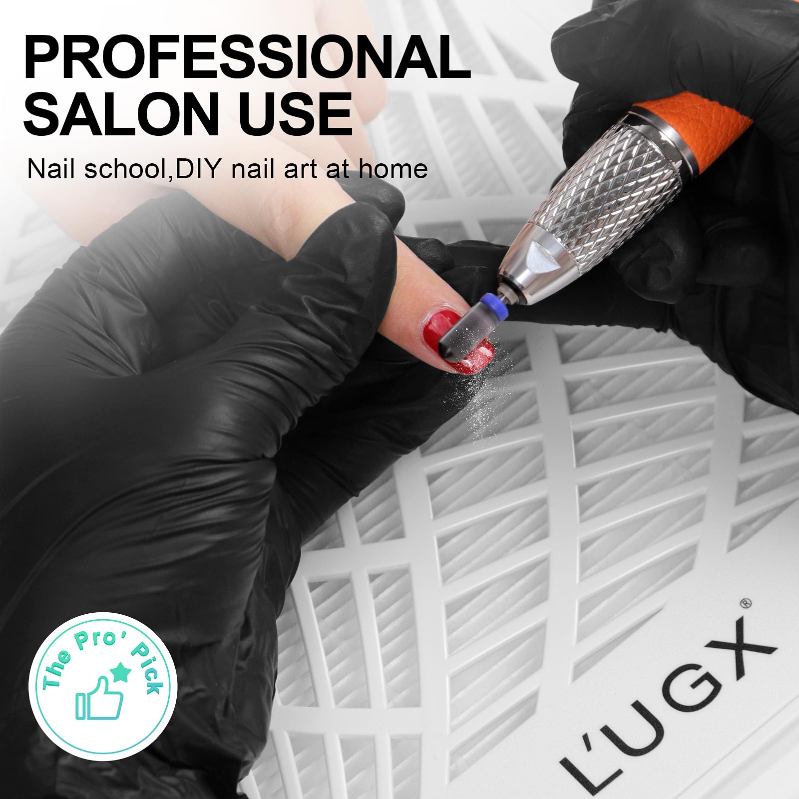 L'UGX nail dust collector battery capacity highlights long cordless operation.