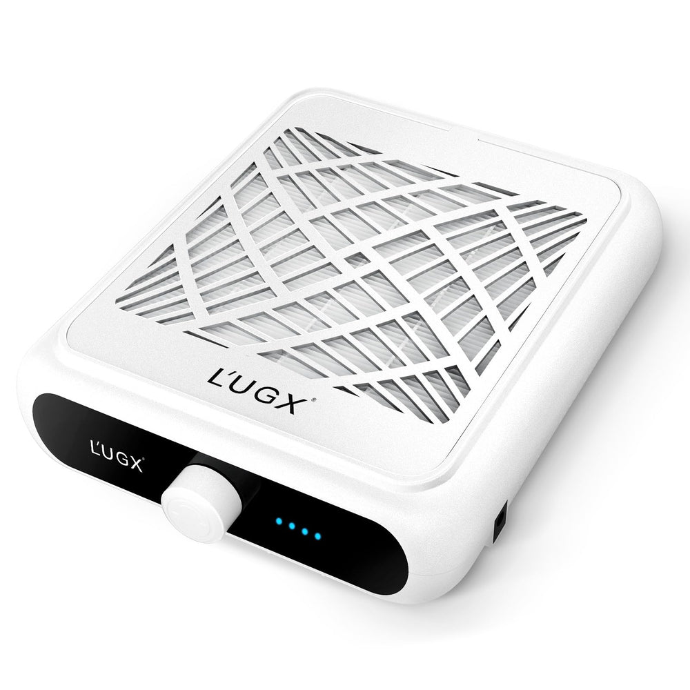 L'UGX rechargeable nail dust collector front view shows portable, cordless design with strong suction.