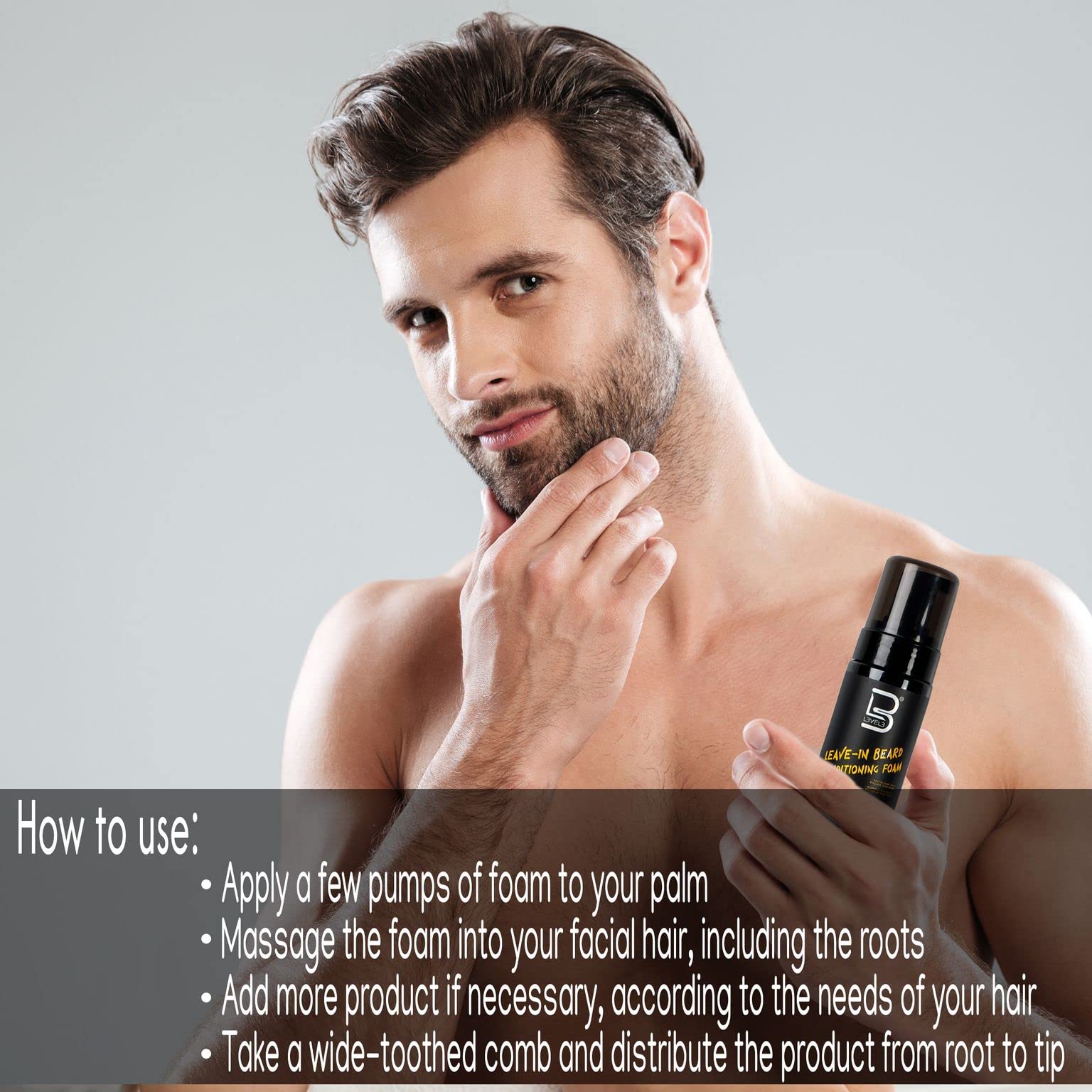 L3 Level 3 Beard Conditioner Foam dry-skin-relief shows itch-free feel under the beard.