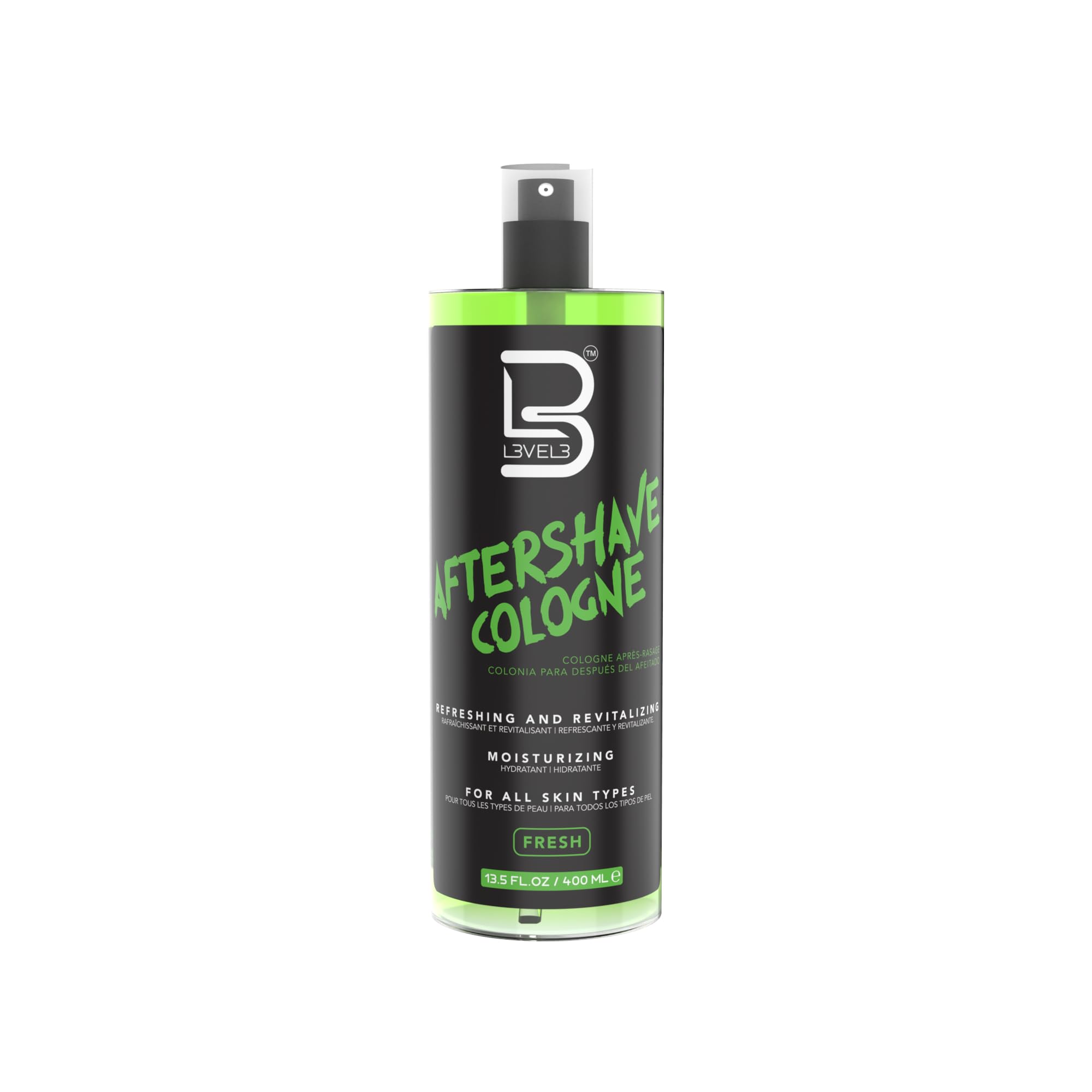 L3 Level 3 aftershave spray bottle closeup showing moisturizing promise after shaving