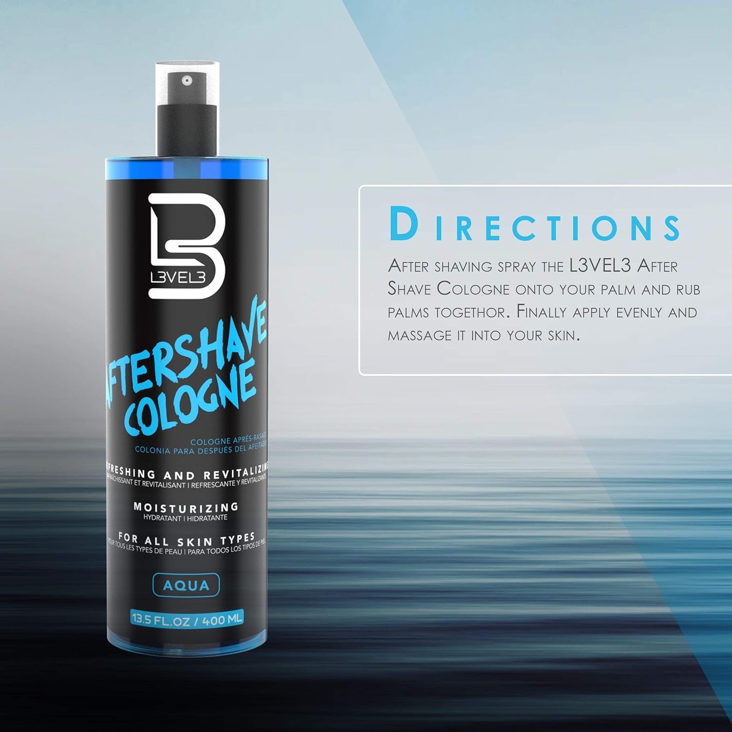 L3 Level 3 aftershave spray on display emphasizes skin-softening benefits