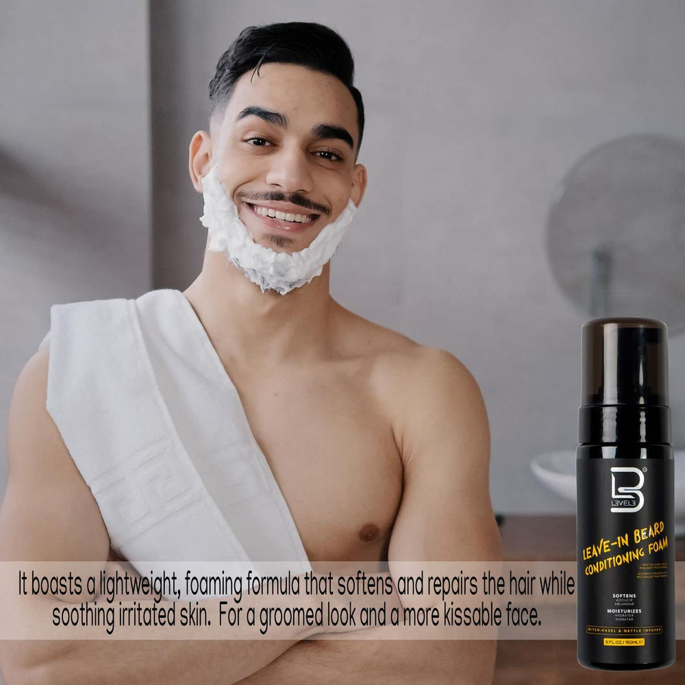 L3 Level 3 Beard Conditioner Foam styling-boost shows grooming-friendly lift and softer facial hair.