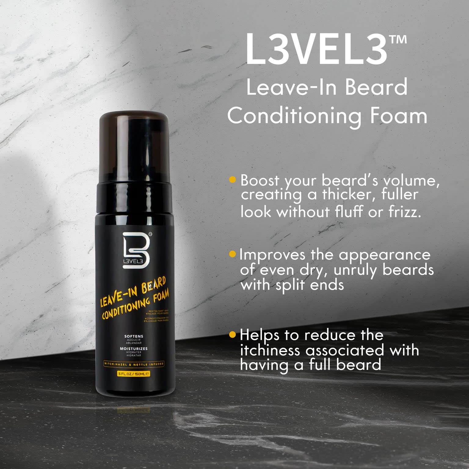 L3 Level 3 Beard Conditioner Foam texture closeup highlights lightweight, silky hydration.