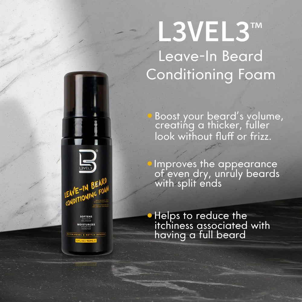 L3 Level 3 Beard Conditioner Foam texture closeup highlights lightweight, silky hydration.