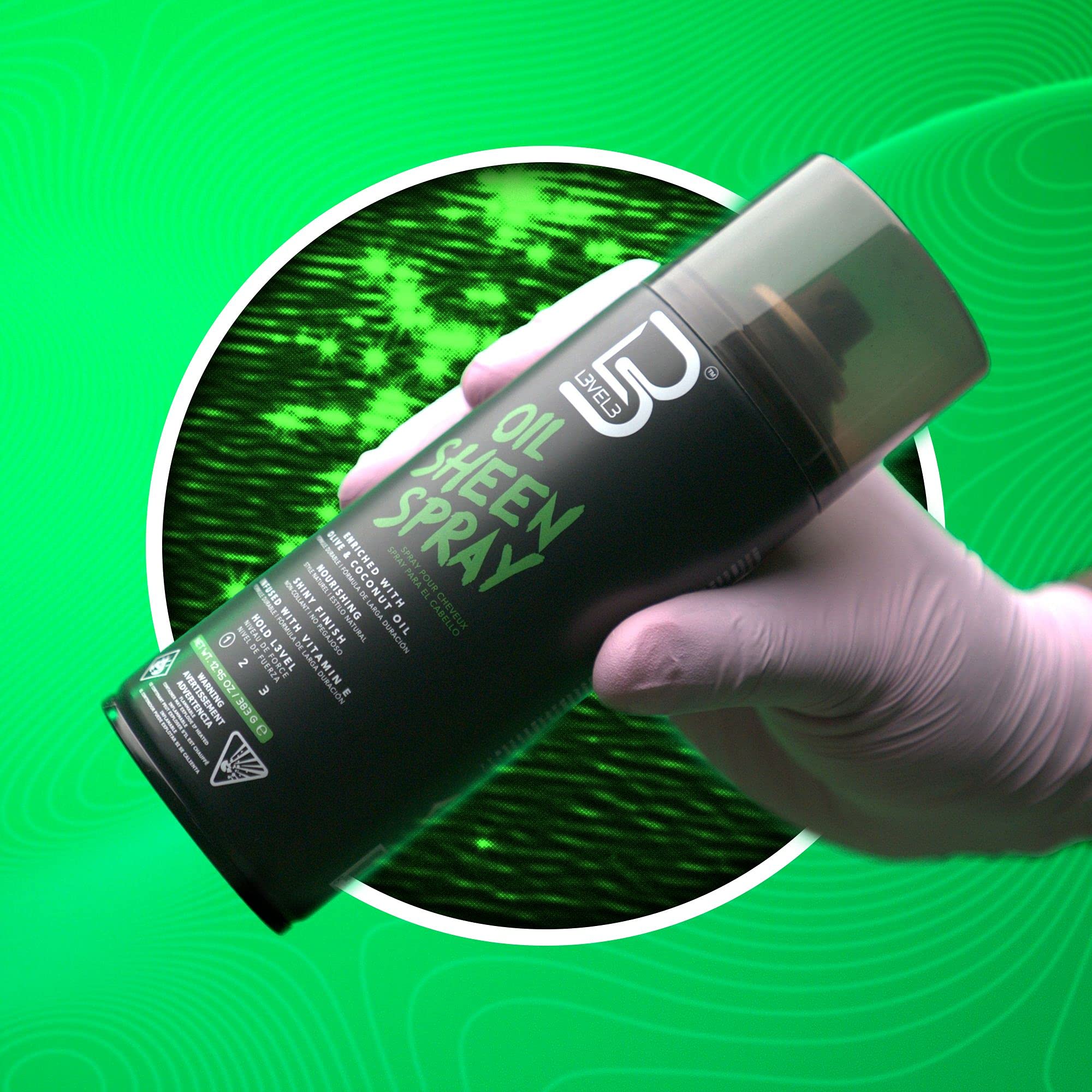 L3 Level 3 Oil Sheen Spray on hair with glossy finish after styling
