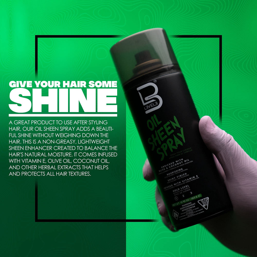 L3 Level 3 Oil Sheen Spray in hands delivering a lightweight mist for non-greasy shine