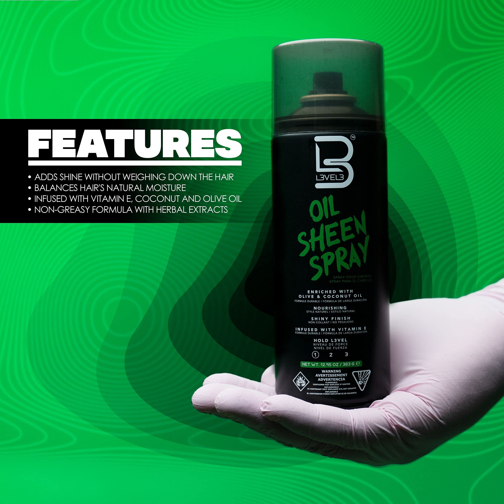 L3 Level 3 Oil Sheen Spray ingredient close-up highlighting olive oil and vitamin E