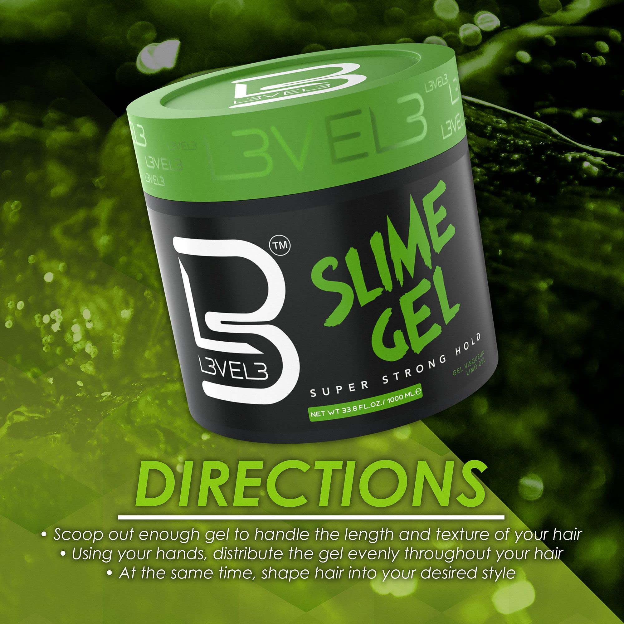 L3 Level 3 Slime Gel frizz-control closeup shows flake-free formula.