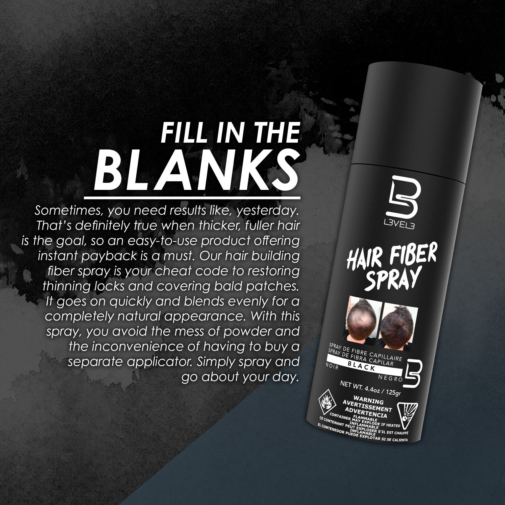 L3 Level 3 Black Hair Fiber Spray water resistance splash showing long-lasting coverage