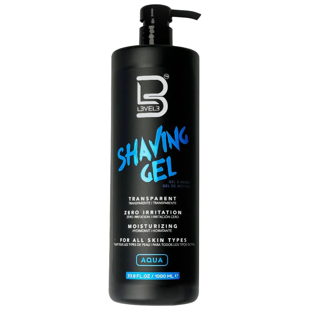 L3 Level 3 Shaving Gel bottle shows aqua transparency for precise blade visibility.