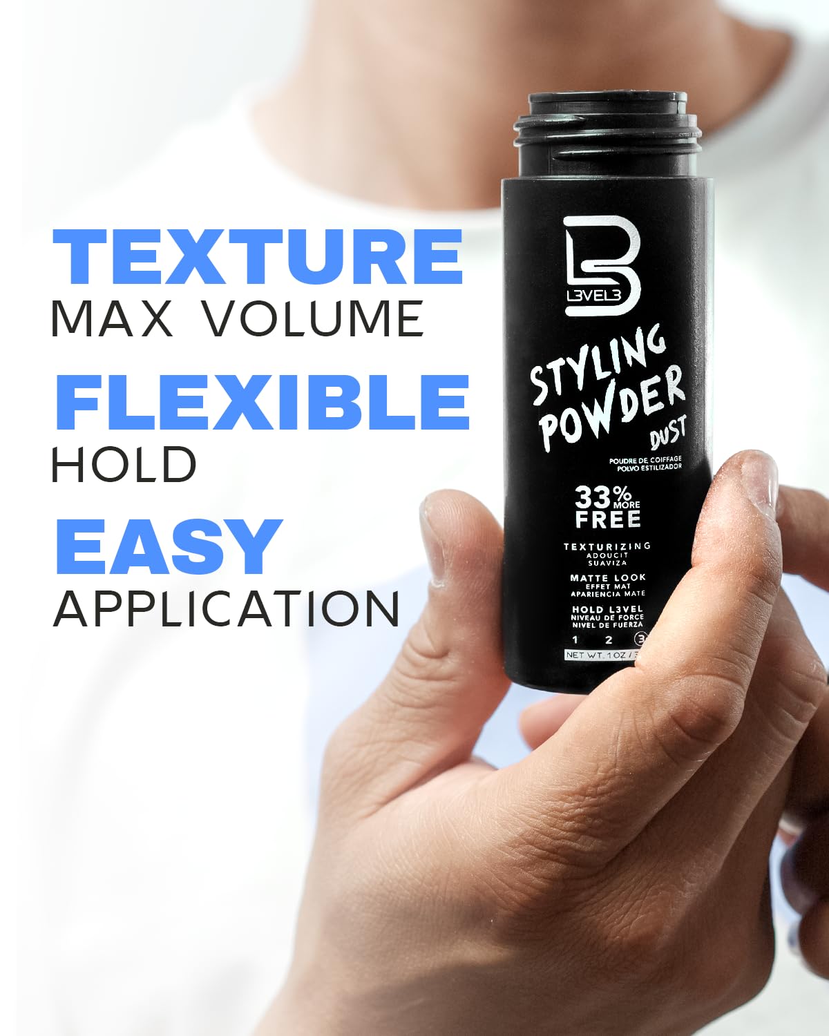 L3 Level 3 Styling Powder on dry hair enhances texture with a natural matte finish.
