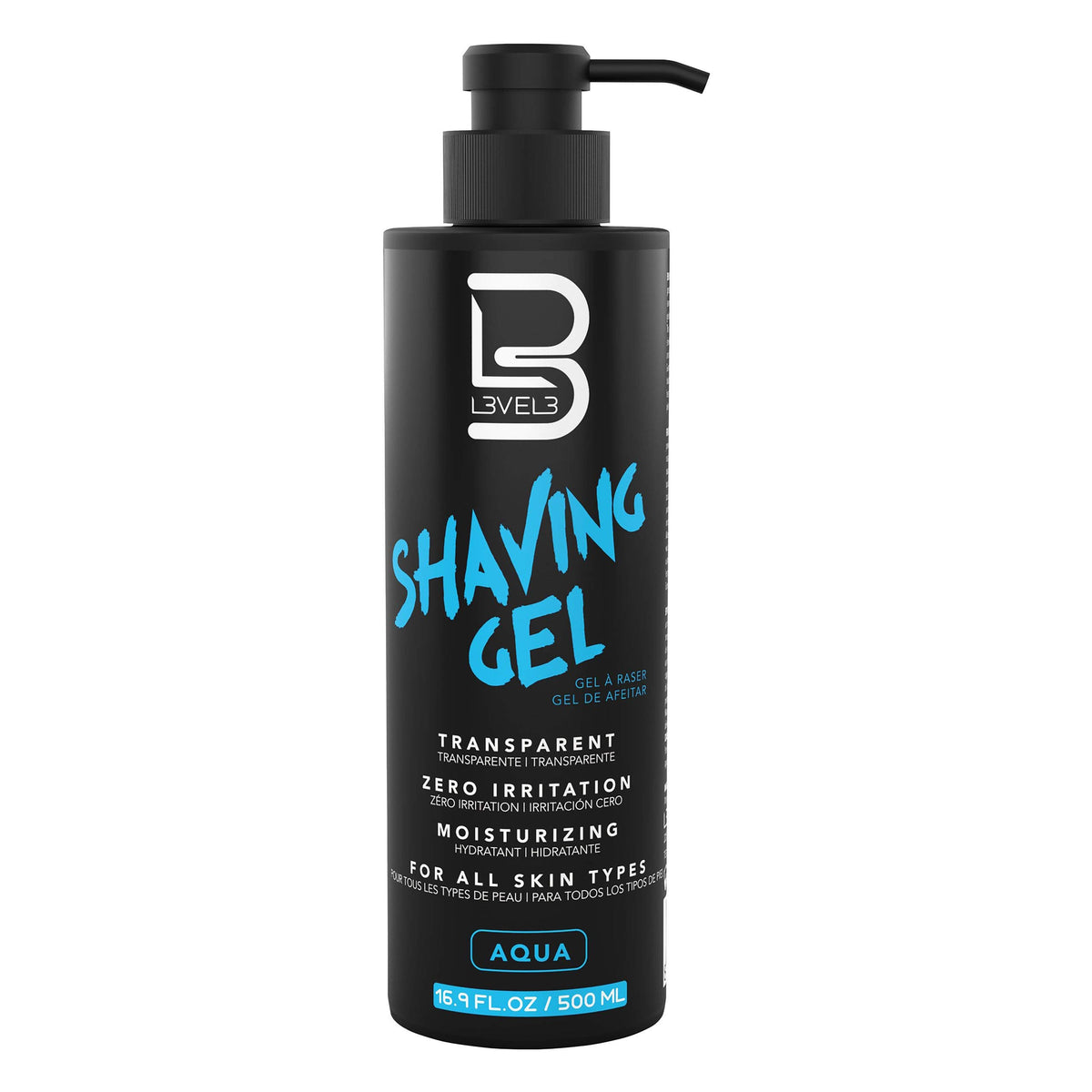 L3 Shaving Gel Aqua bottle closeup shows clear gel for precise straight razor shaves.