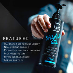 L3 Shaving Gel Aqua bottle side view highlighting non-irritating formula.