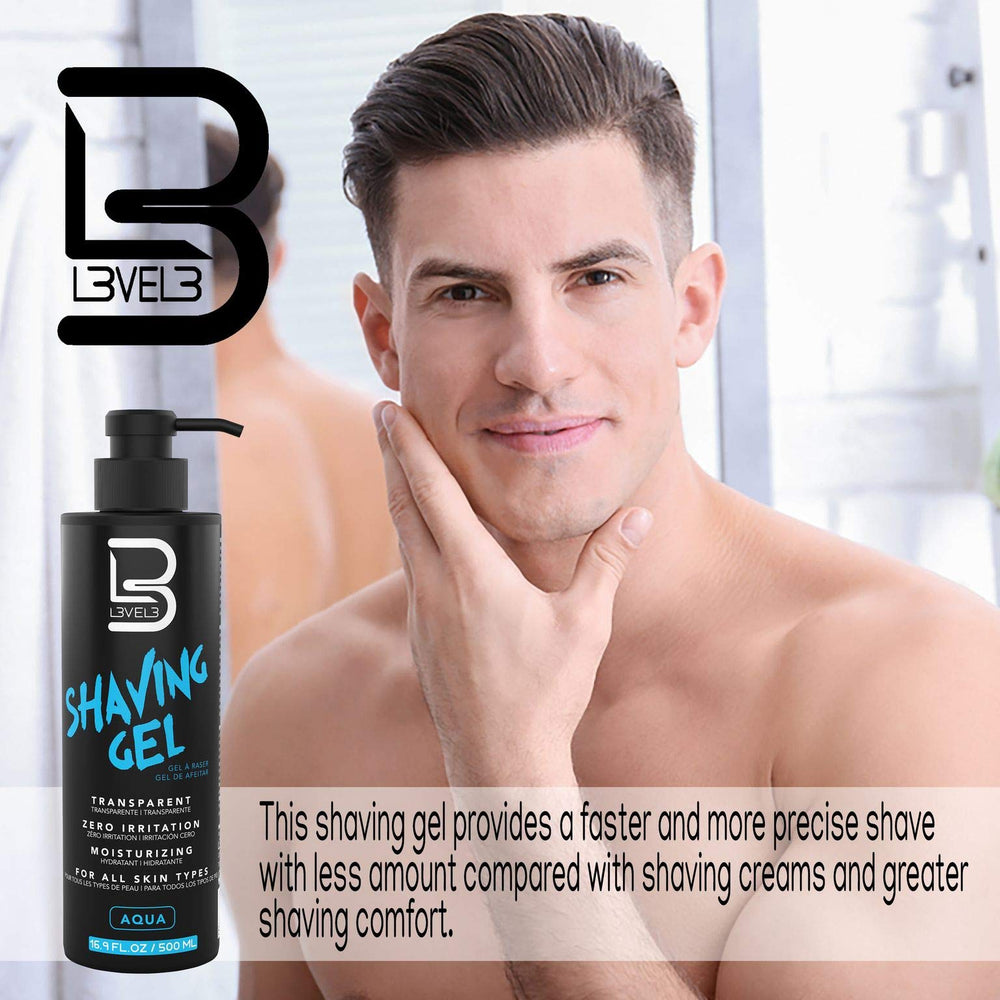 L3 Shaving Gel Aqua transparent formula provides easy blade tracking.
