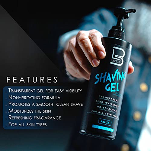 L3 Shaving Gel Ice clear formula close-up emphasizes visibility during a shave.
