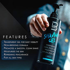 L3 Shaving Gel Ice clear formula close-up emphasizes visibility during a shave.