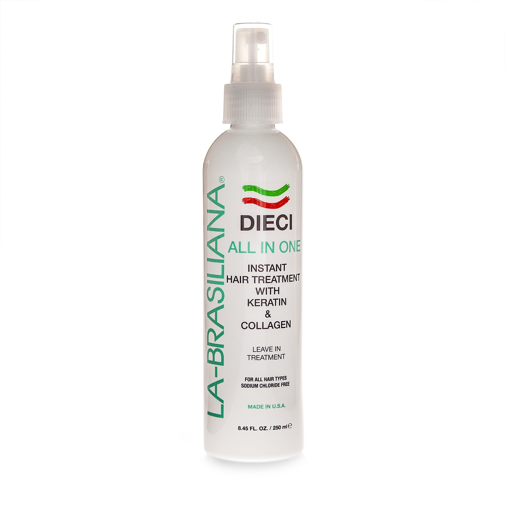La-Brasiliana Dieci all-in-one bottle closeup highlights color protection and shine.