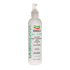 La-Brasiliana Dieci all-in-one bottle closeup highlights color protection and shine.