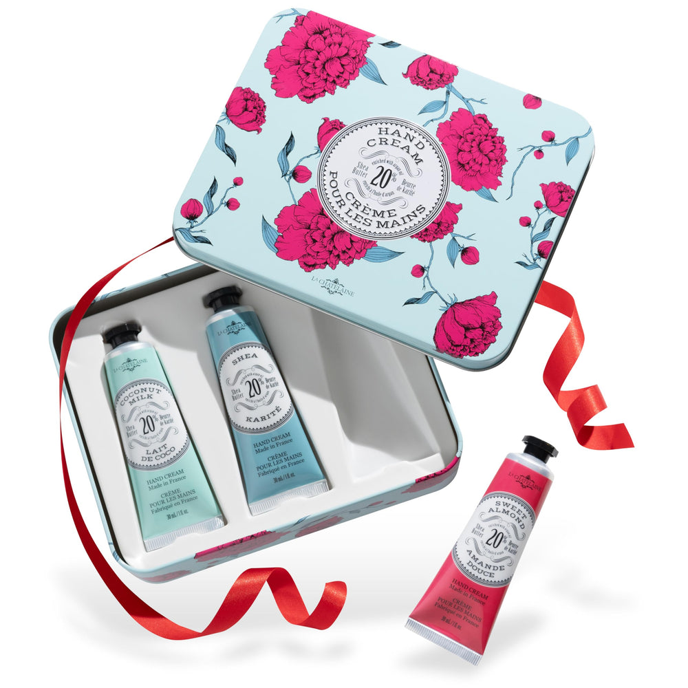 La Chatelaine 20% Shea Hand Cream travel tin closeup shows creamy texture for daily hand care.