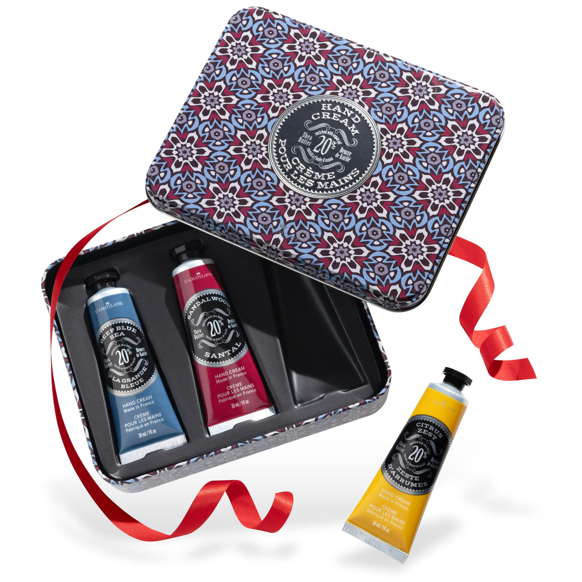 La Chatelaine gift set packaging ideal for a ready-to-gift premium hand care experience.