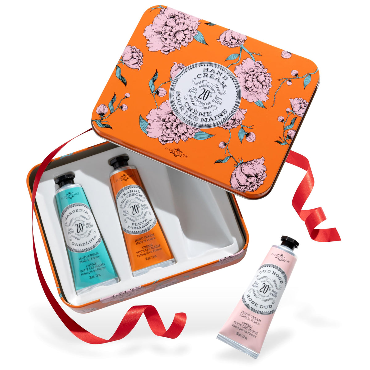 La Chatelaine Gardenia hand cream trio tin for nourishing hand care.
