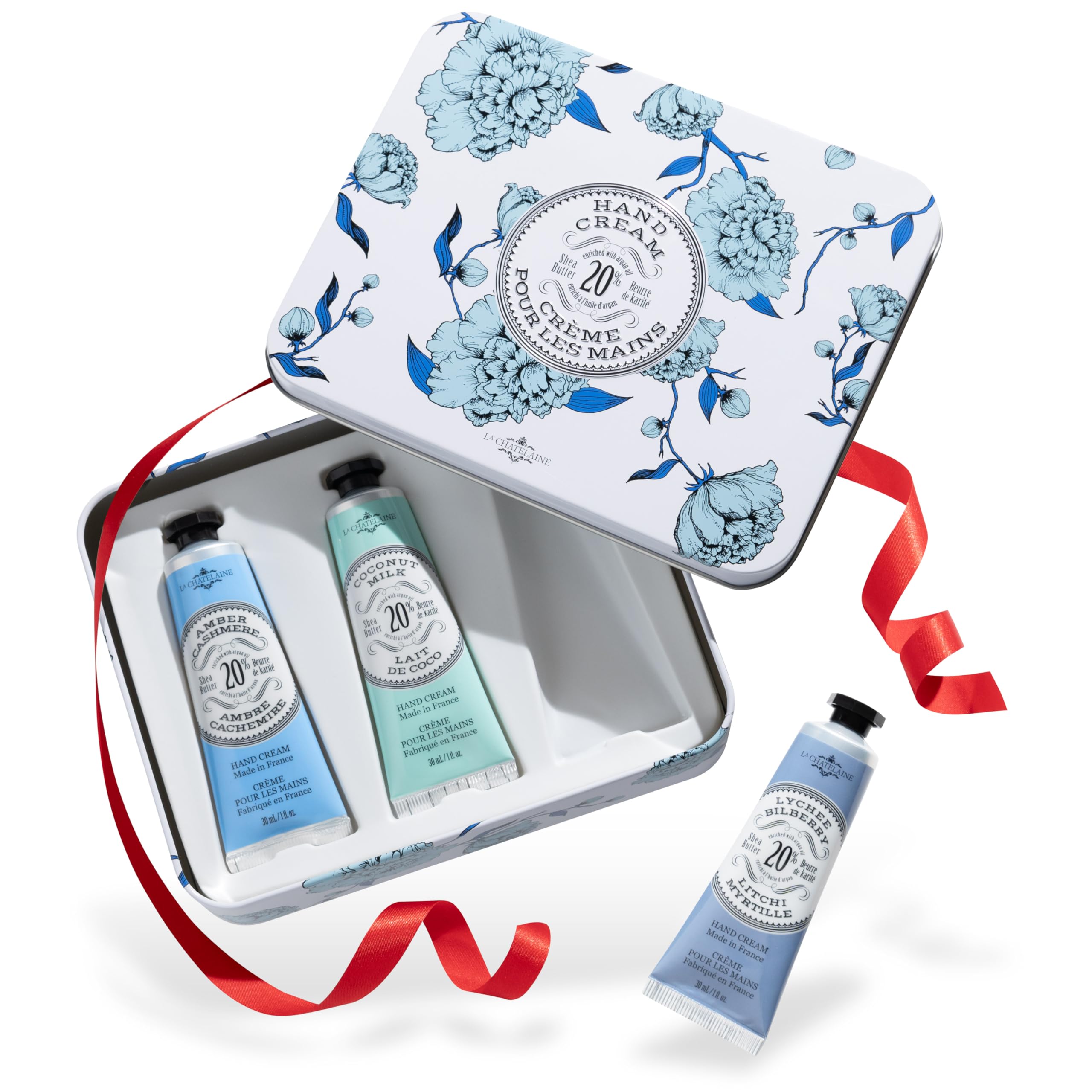 La Chatelaine hand cream trio tin packaging front for a ready-to-gift moisture set.