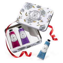 La Chatelaine hand cream trio tin on vanity showing three tubes for daily moisture