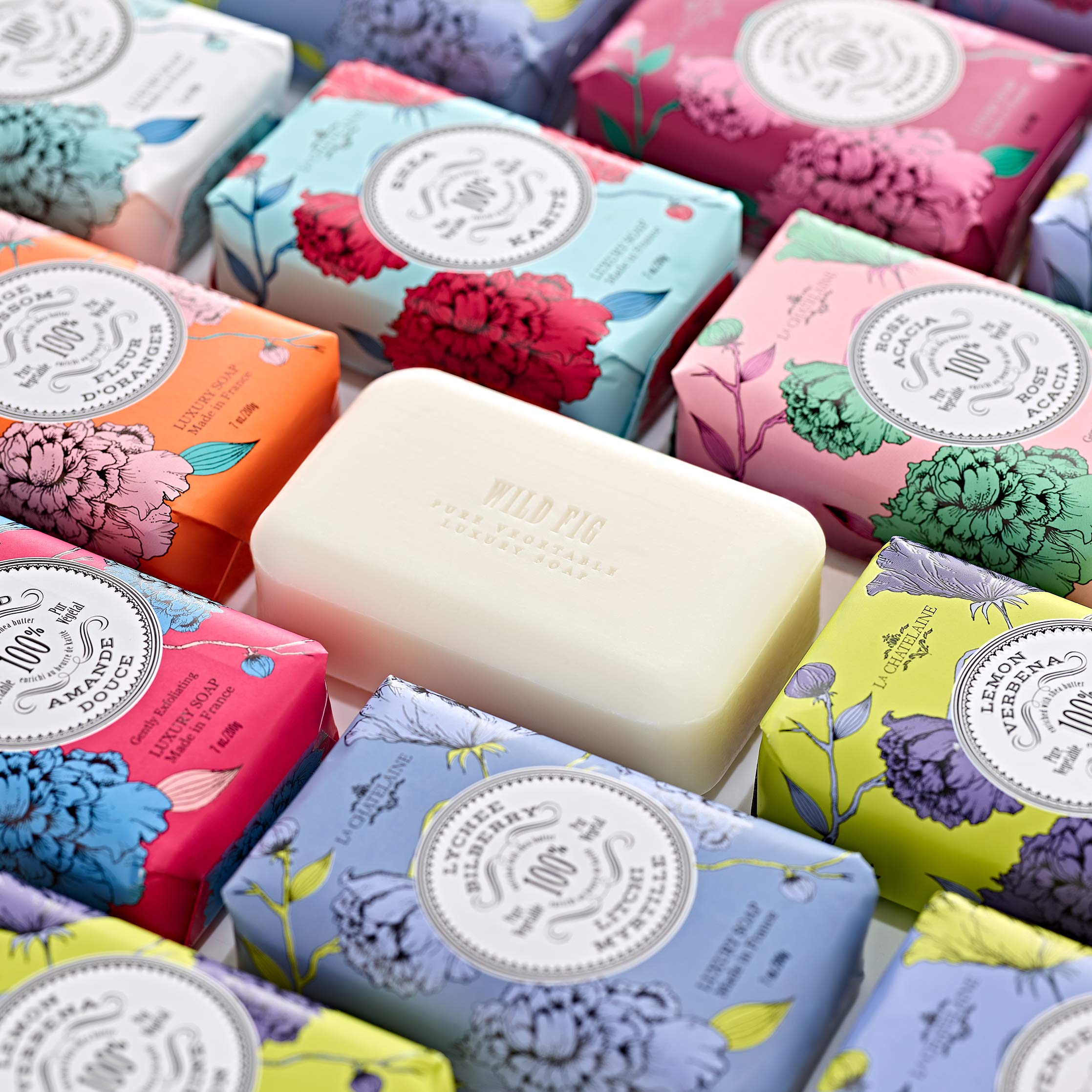 La Chatelaine Lavender bar soap lather closeup highlights soothing daily cleansing ritual.