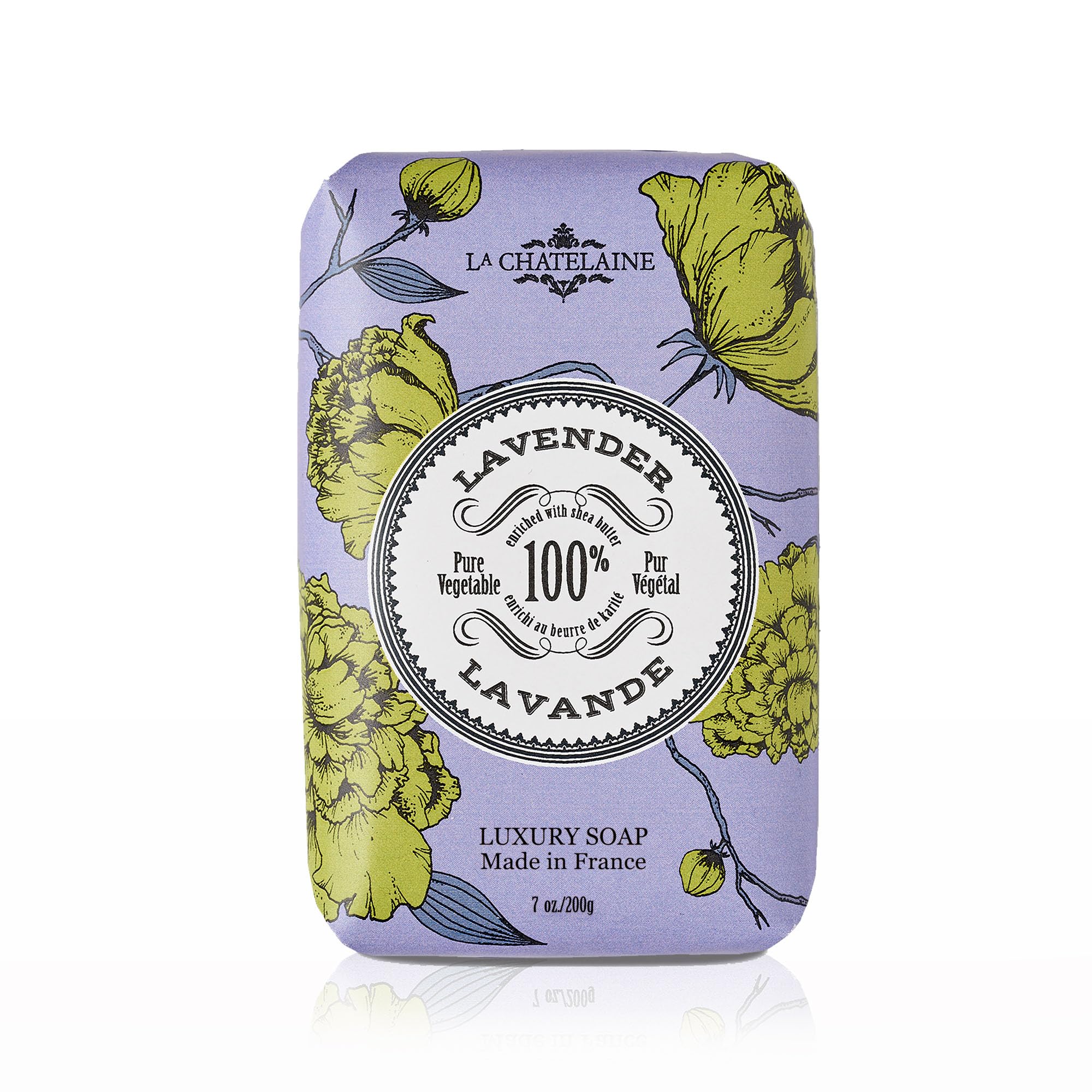 La Chatelaine Lavender bar soap triple milled close-up emphasizes a long-lasting luxurious lather.
