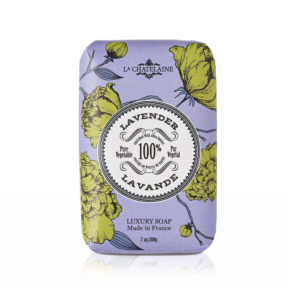 La Chatelaine Lavender bar soap triple milled close-up emphasizes a long-lasting luxurious lather.