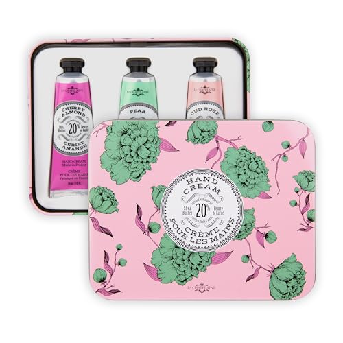 La Chatelaine Rose Hand Cream Trio packaging close-up highlighting 20% organic shea butter