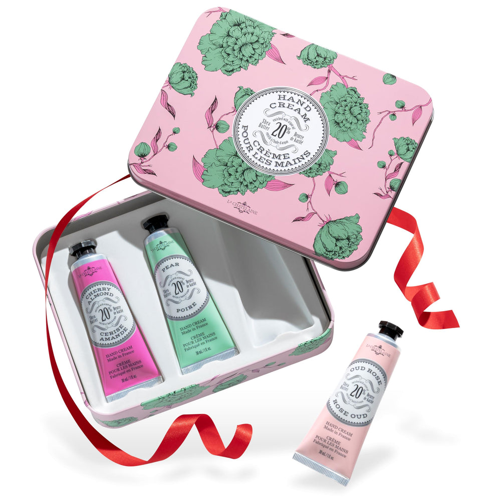 La Chatelaine Rose Hand Cream Trio tin display showing luxurious moisture