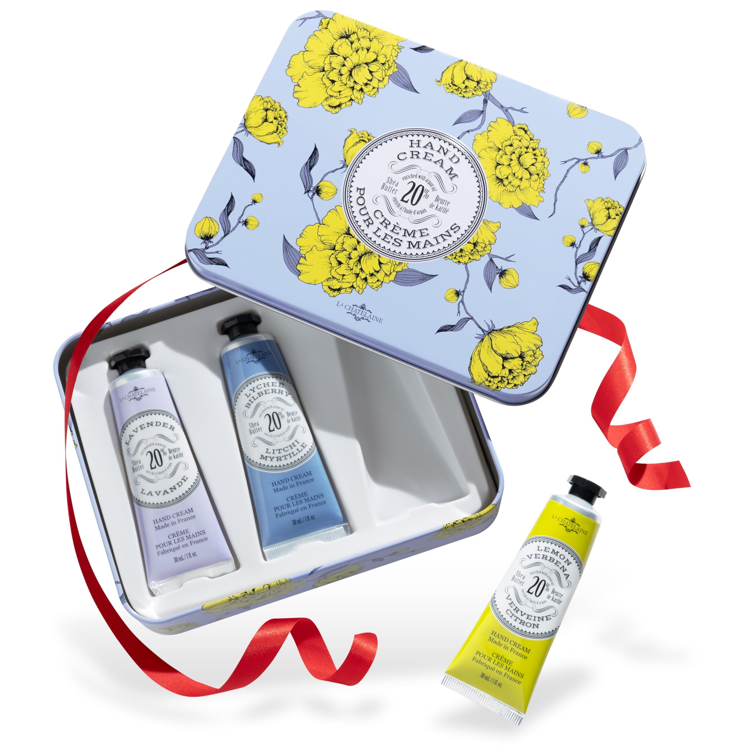 La Chatelaine hand cream trio tin packaging for gifting and daily pampering.