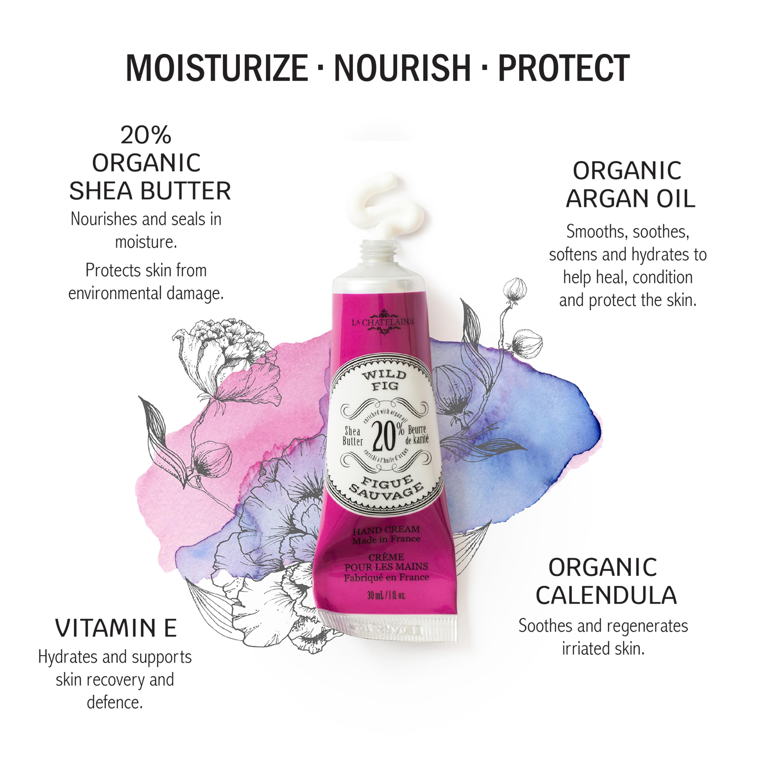 La Chatelaine Wild Fig hand cream bottle with rich texture and quick absorption