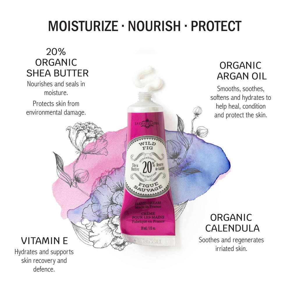 La Chatelaine Wild Fig hand cream bottle with rich texture and quick absorption