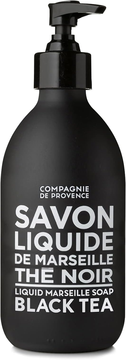 La Compagnie de Provence black tea bottle pump for luxurious hand wash.