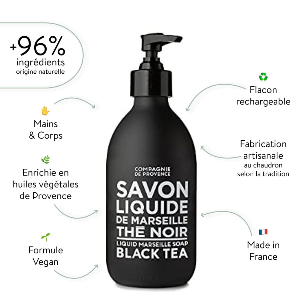 La Compagnie de Provence glass bottle with liquid soap showcases premium Marseille quality.