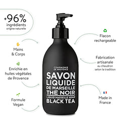 La Compagnie de Provence glass bottle with liquid soap showcases premium Marseille quality.