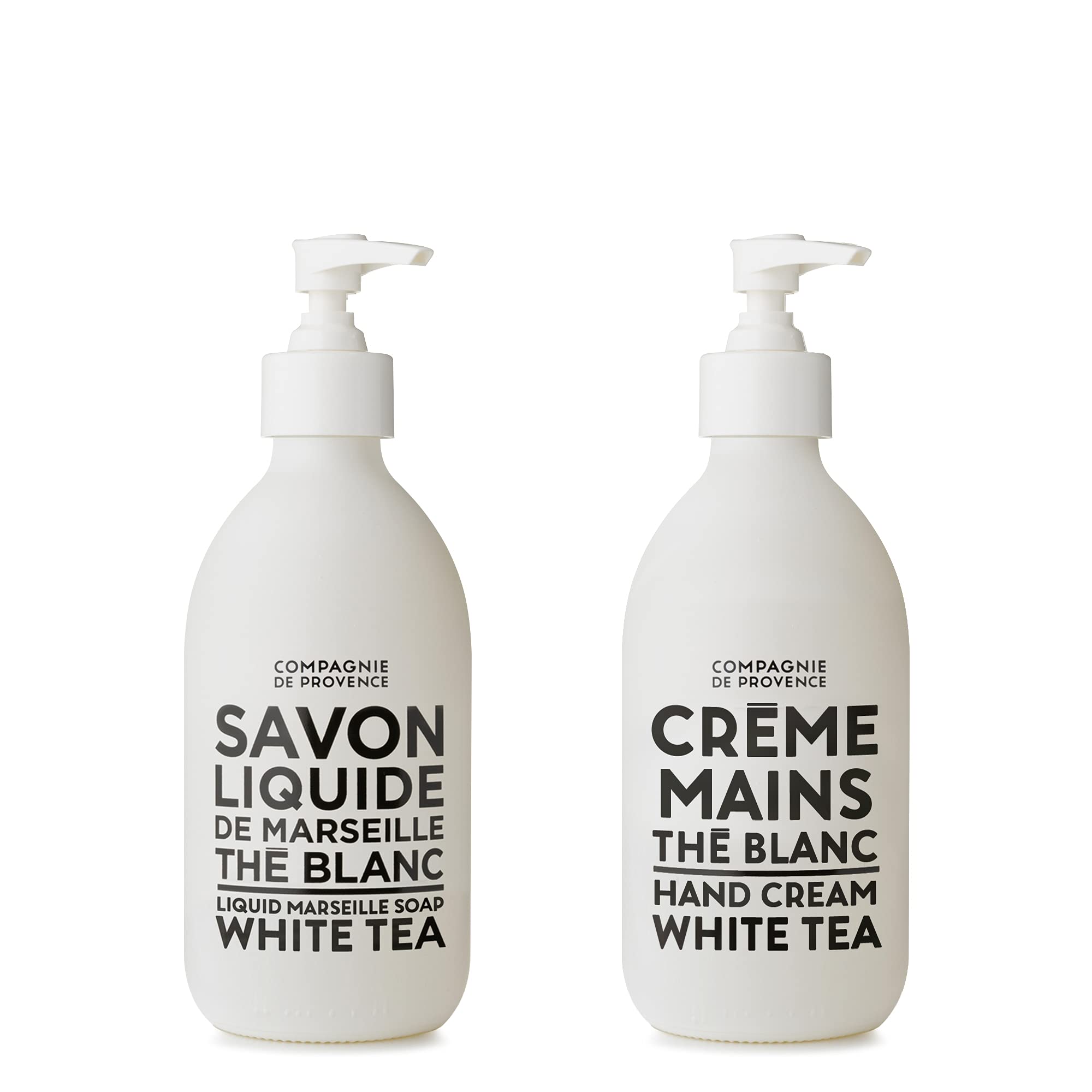 La Compagnie de Provence liquid soap White Tea pump bottle for gentle cleansing and spa-like aroma.