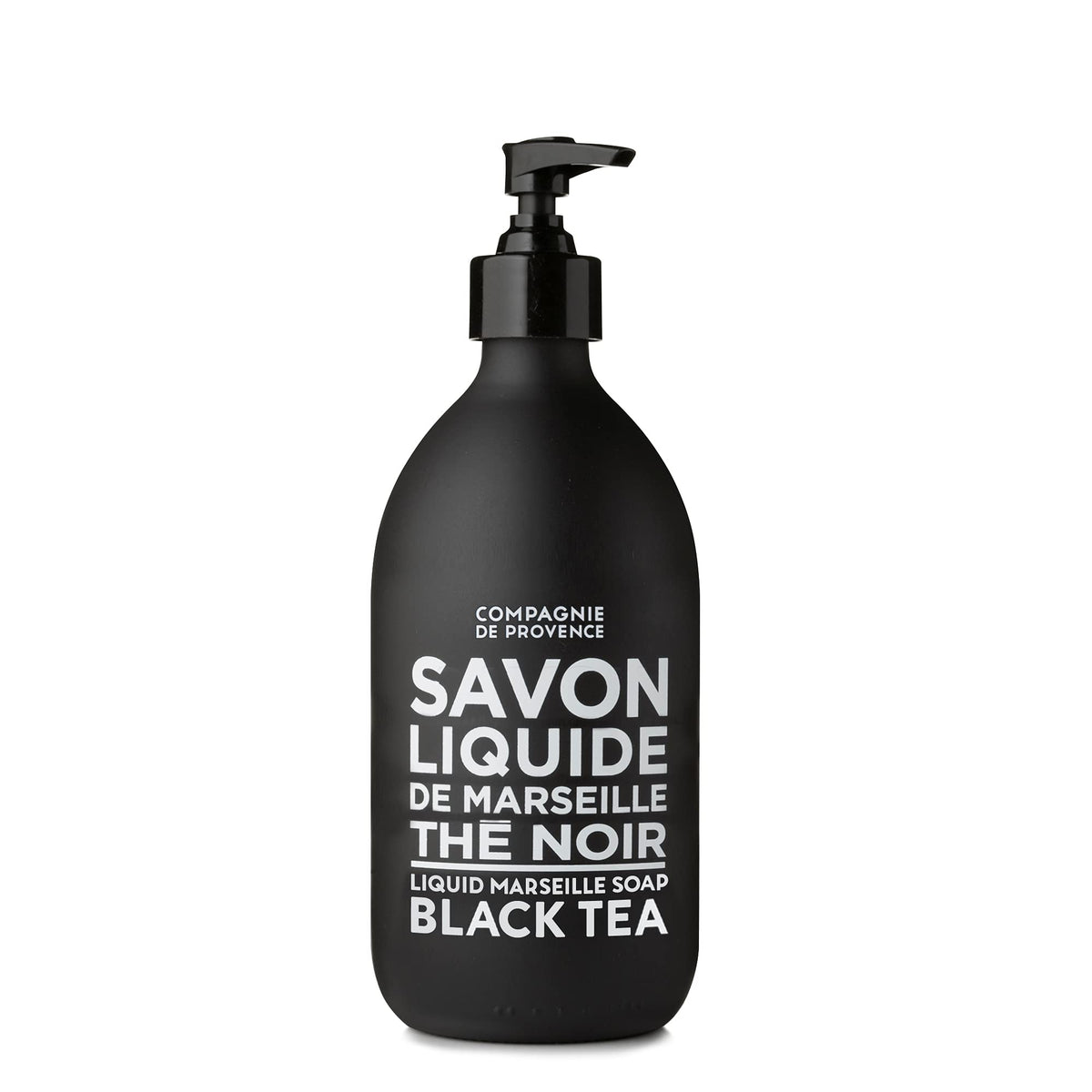 La Compagnie de Provence Savon de Marseille Black Tea bottle—premium packaging for elegant hand washing.