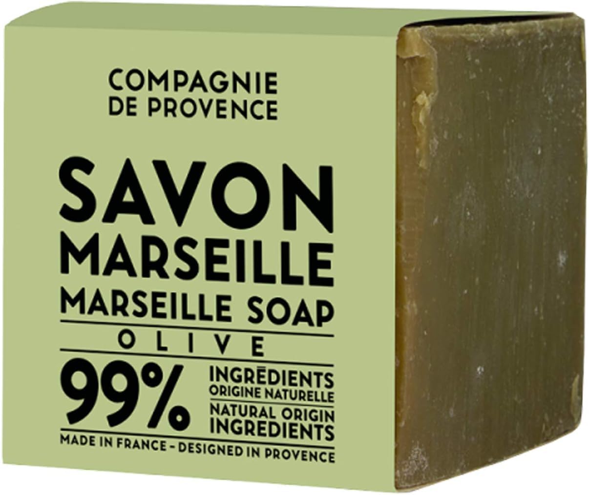 La Compagnie de Provence Savon Marseille Olive Soap Cube front packaging showing authentic Marseille craft.
