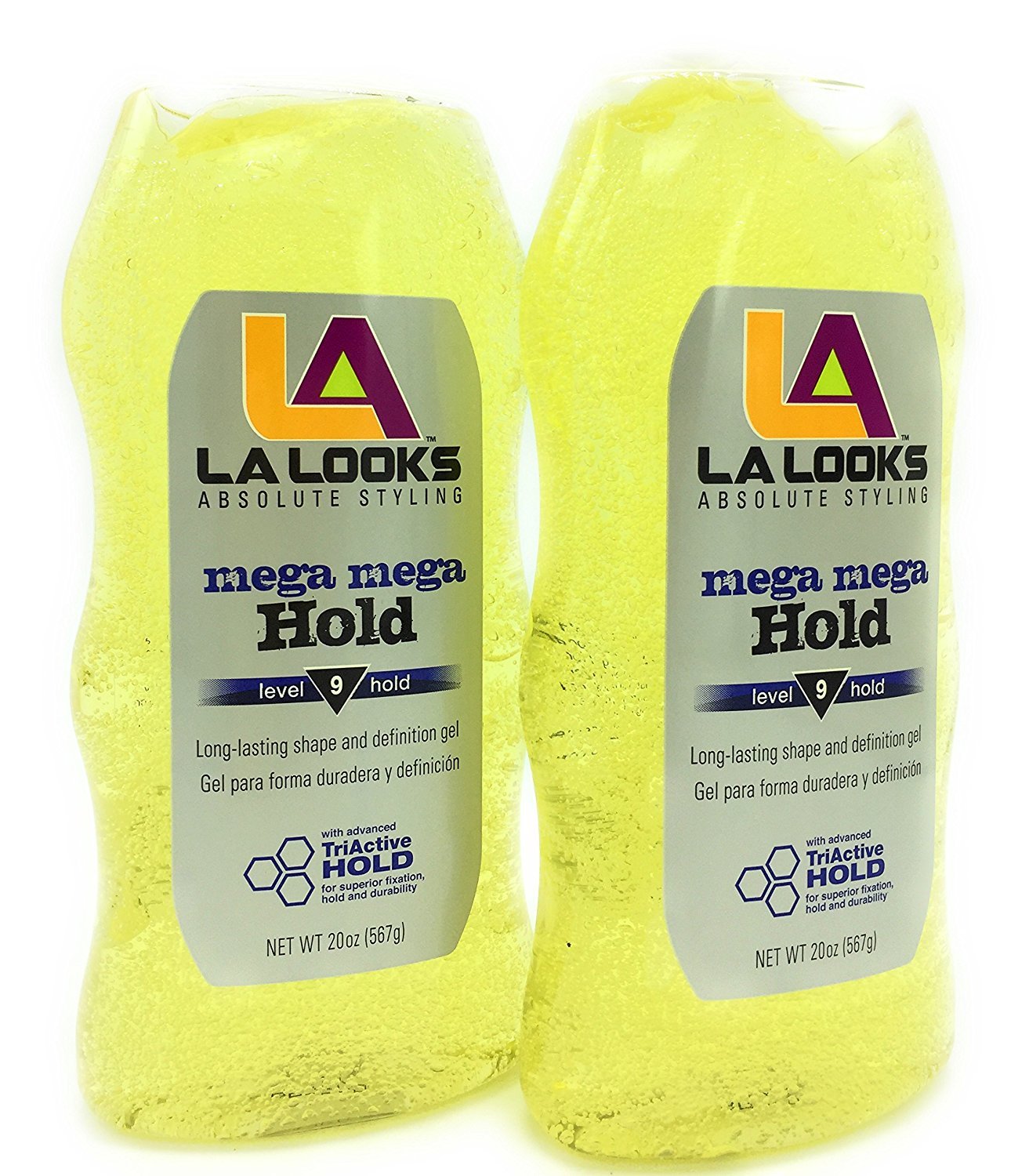 L.A. Looks Gel #9 Mega Mega yellow gel bottle delivers strong hold for bold hairstyles.