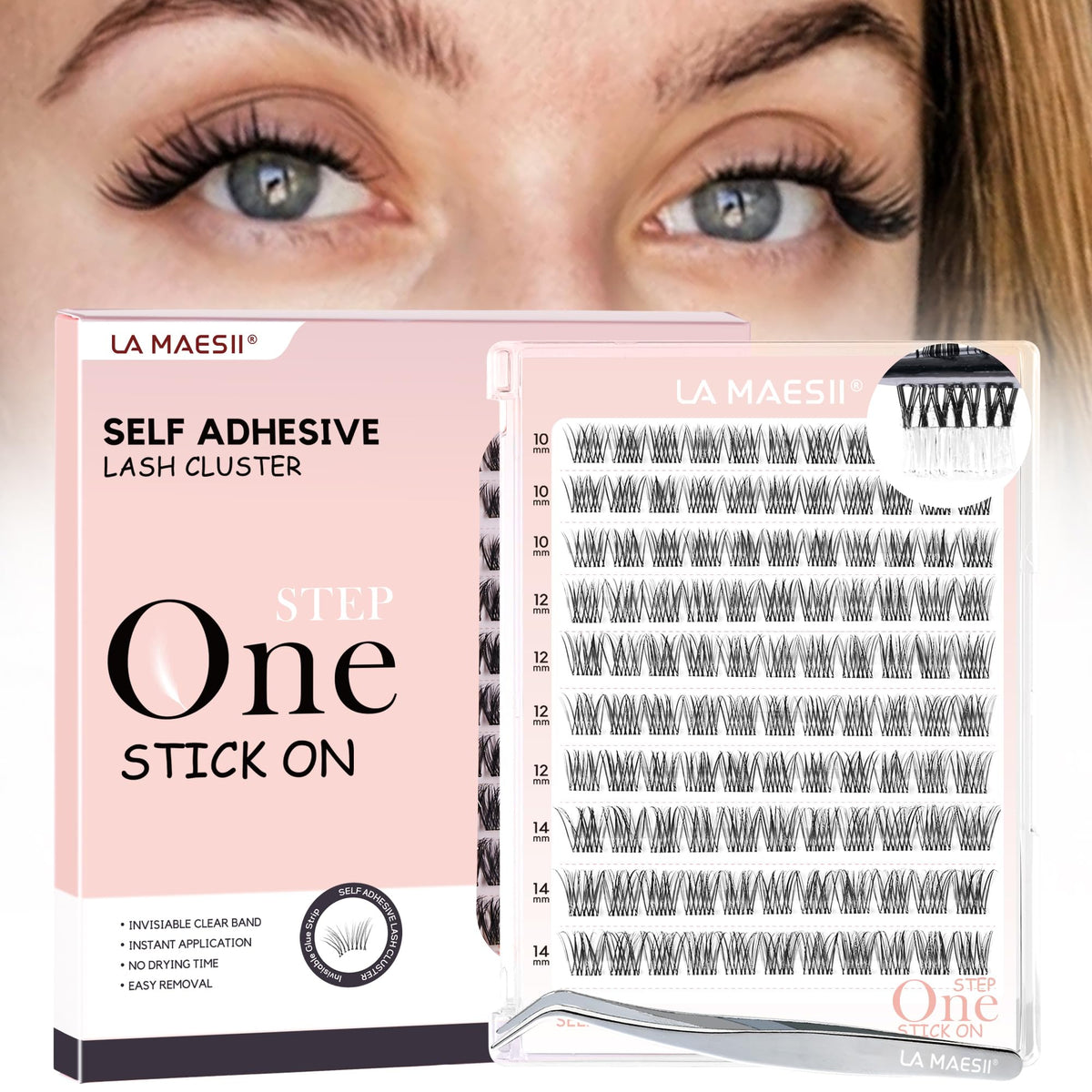 La Maesii packaging shows 120pcs clear-band lashes for quick, glue-free application.