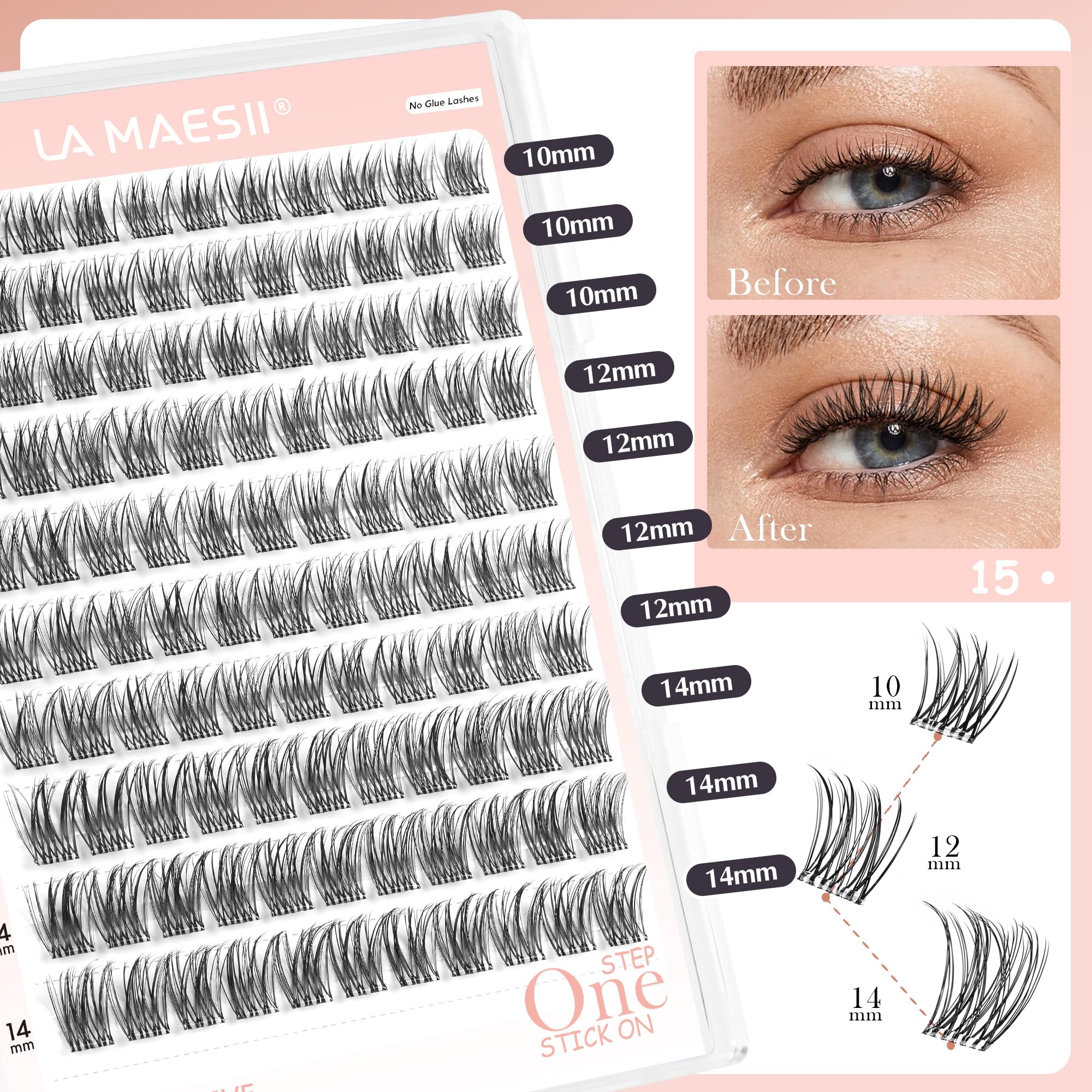 La Maesii lash clusters shown at 10-14mm length for natural wispy look.